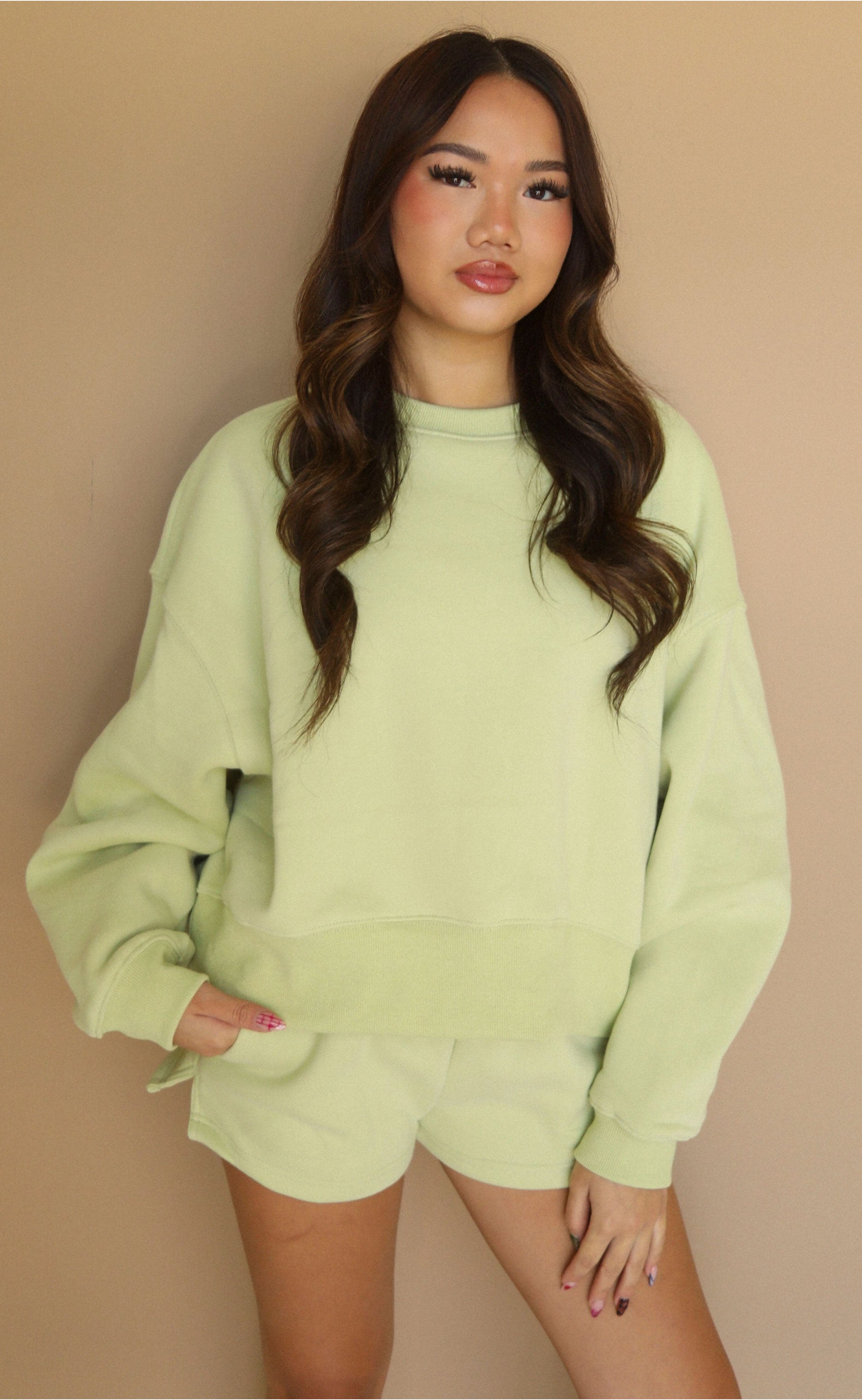 Relaxed Fit Crash Into Me Set – Stylish Top and Bottom in Soft Sage Tone