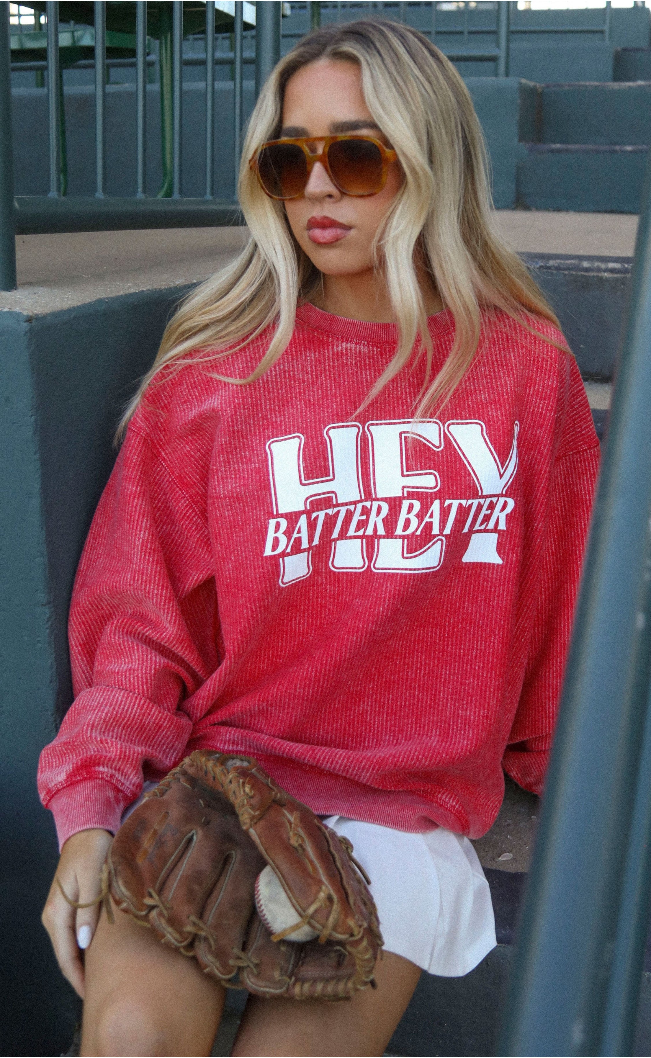 Hey Batter Batter! Red Corded Sweatshirt with Vint...