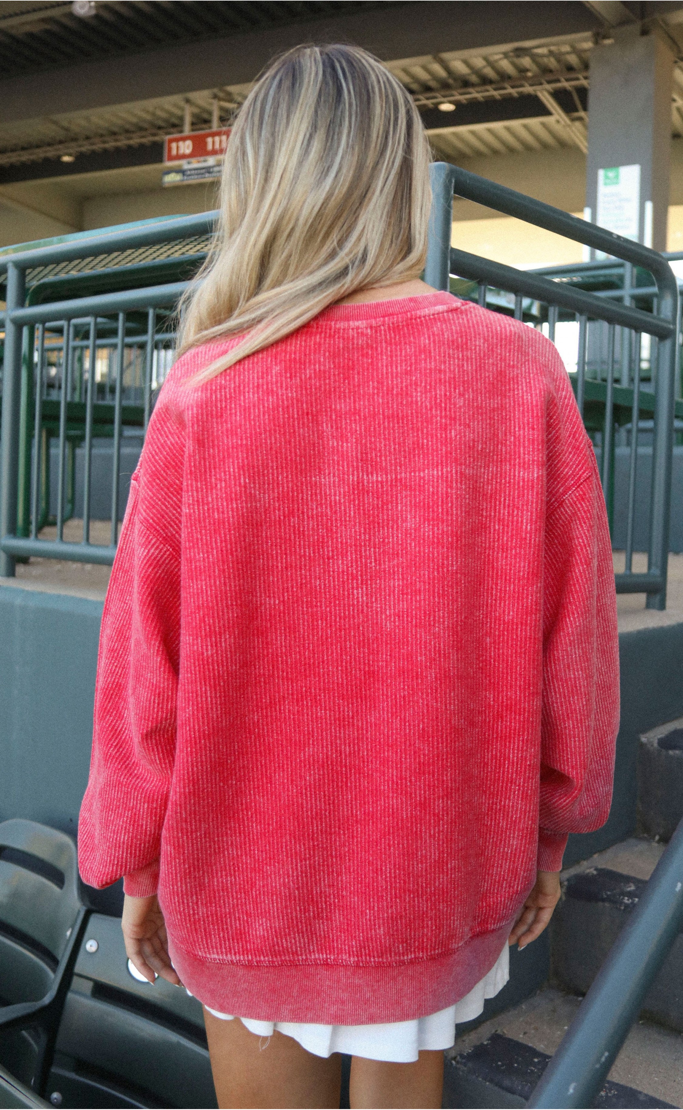 Hey Batter Batter! Red Corded Sweatshirt with Vintage Vibes and Athletic Energy