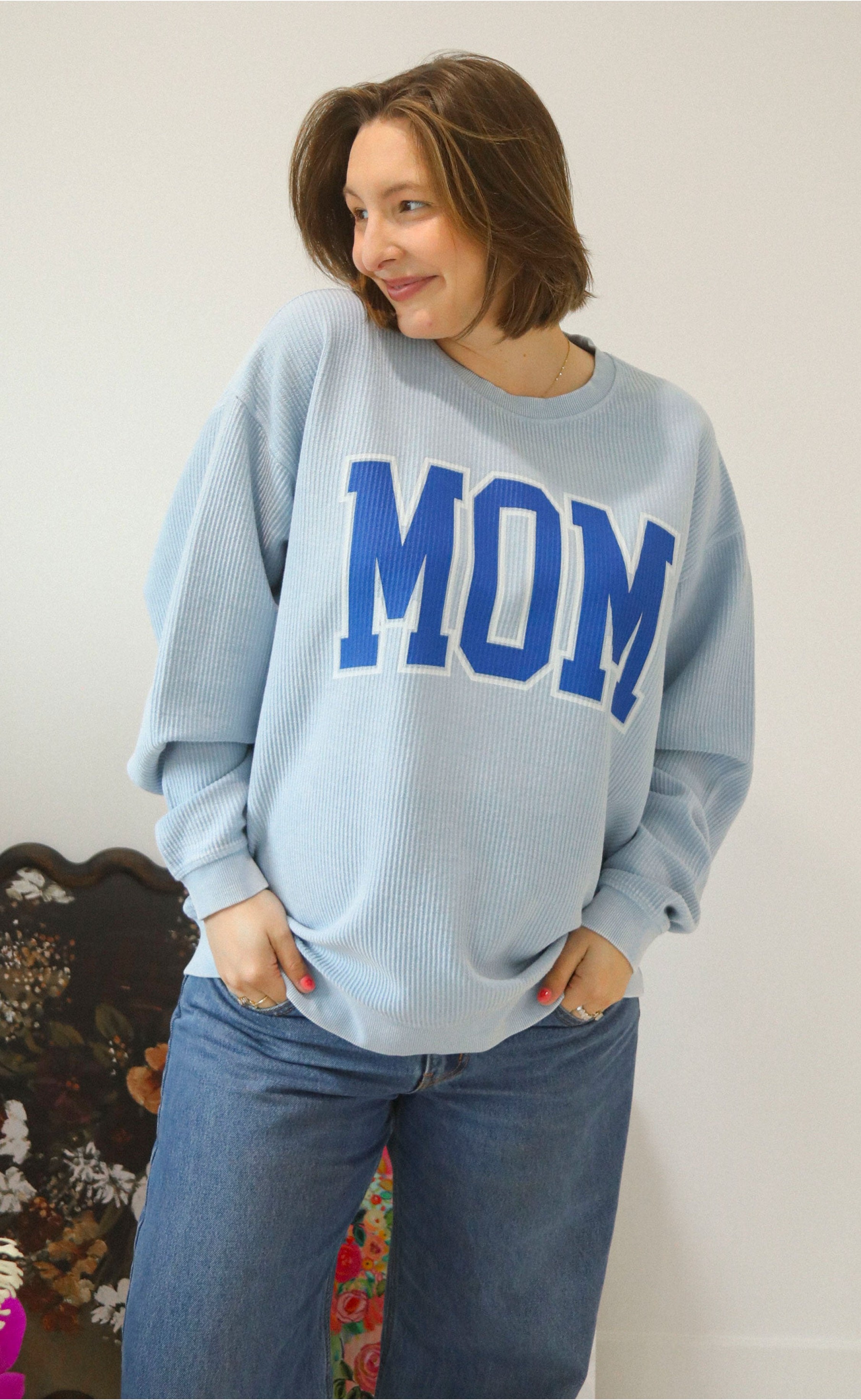 Classic Mom Cord – Blue Corduroy Pullover for Effortless Style