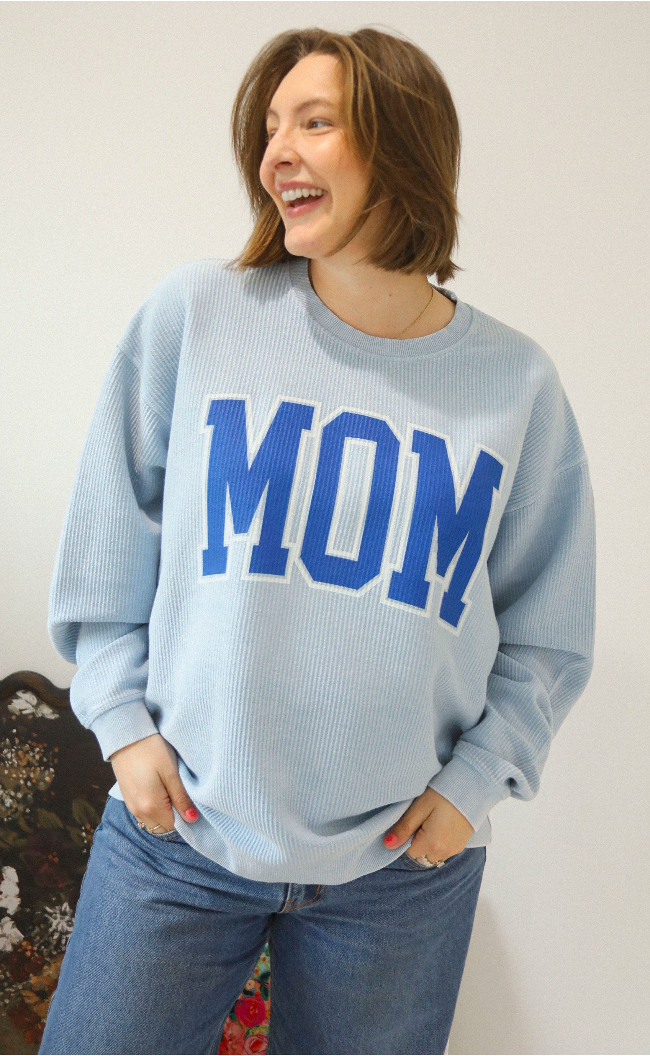 Classic Mom Cord – Blue Corduroy Pullover for Effortless Style