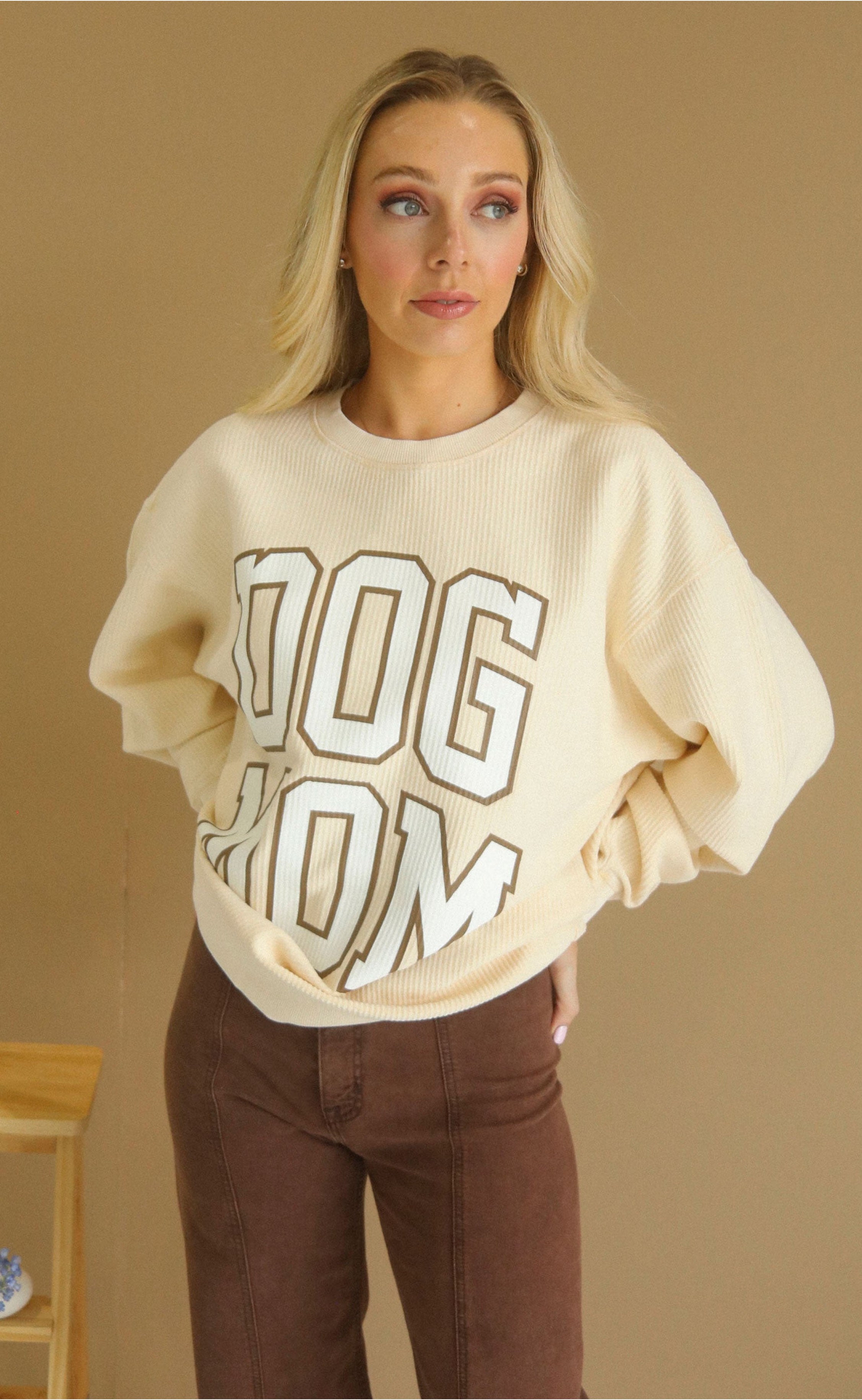 Dog Mom Latte Corduroy Top – Warm and Relaxed Fit for Everyday Comfort