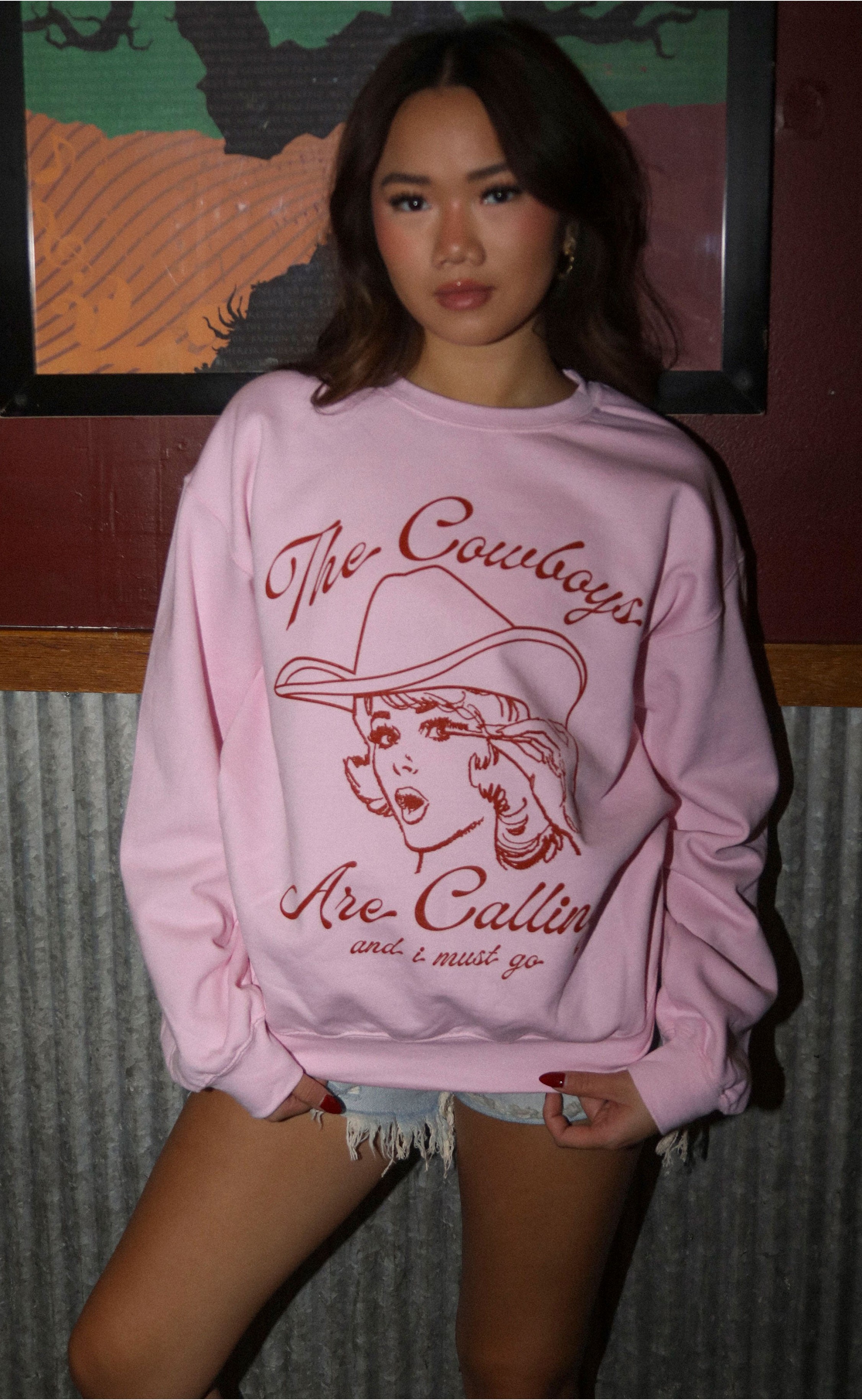 Cowboys Are Calling Graphic Sweatshirt – Comfortable Pink Crewneck for Everyday